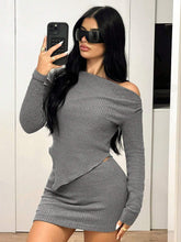 2pcs/Set Sexy Two Piece Set Y2k Women Going Out Fall One-Shoulder Asymmetric Long Sleeve Top And Wraparound Min Skirt